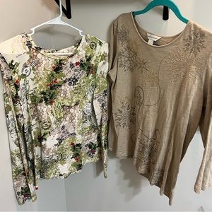 Two Christopher & Banks ladies long sleeve holiday shirts.